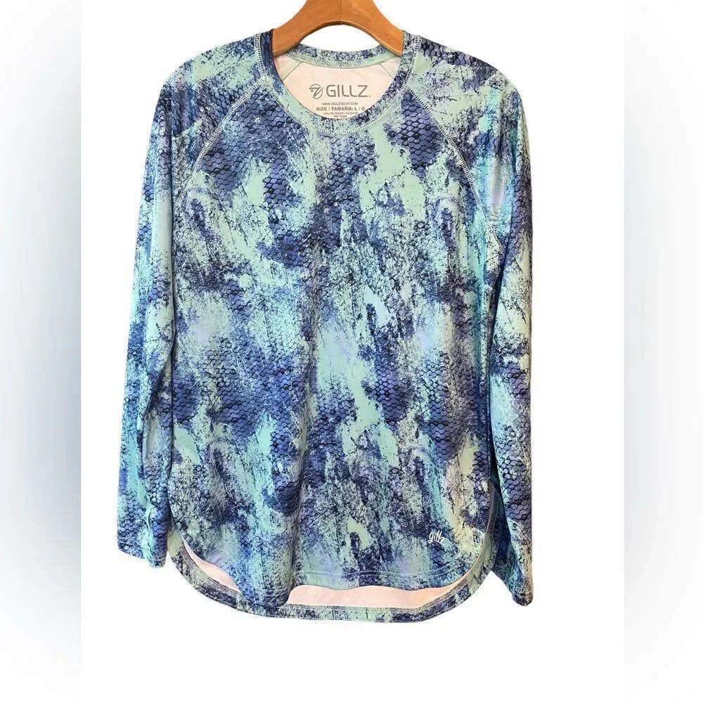 Gillz Sz L Blue Green Fish Scale Pattern Outdoor Fishing Surfing Sun Fabric Top